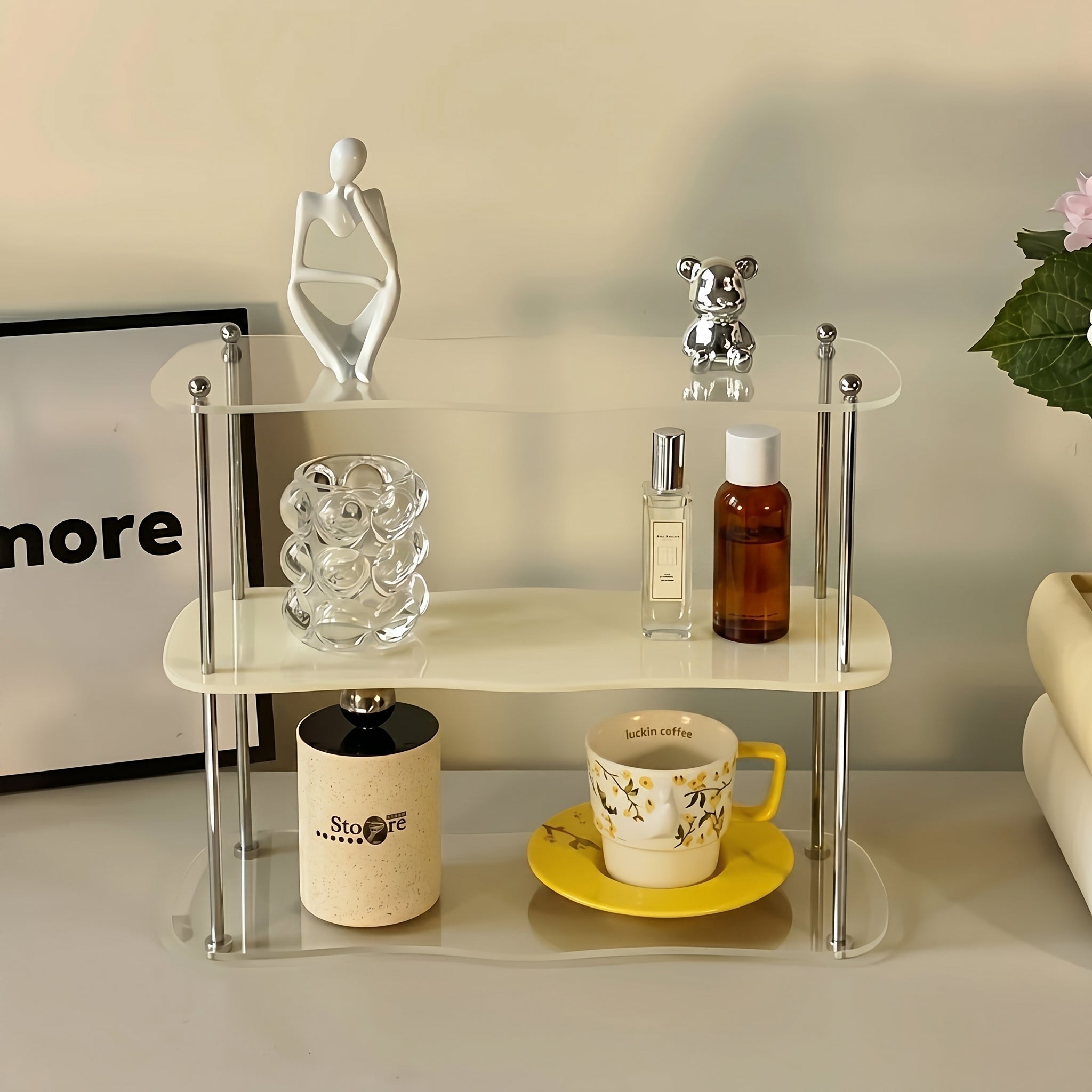 2-Tier Desk Organiser with Curved Shelf - Desk Organiser - Cream - Oaksoho