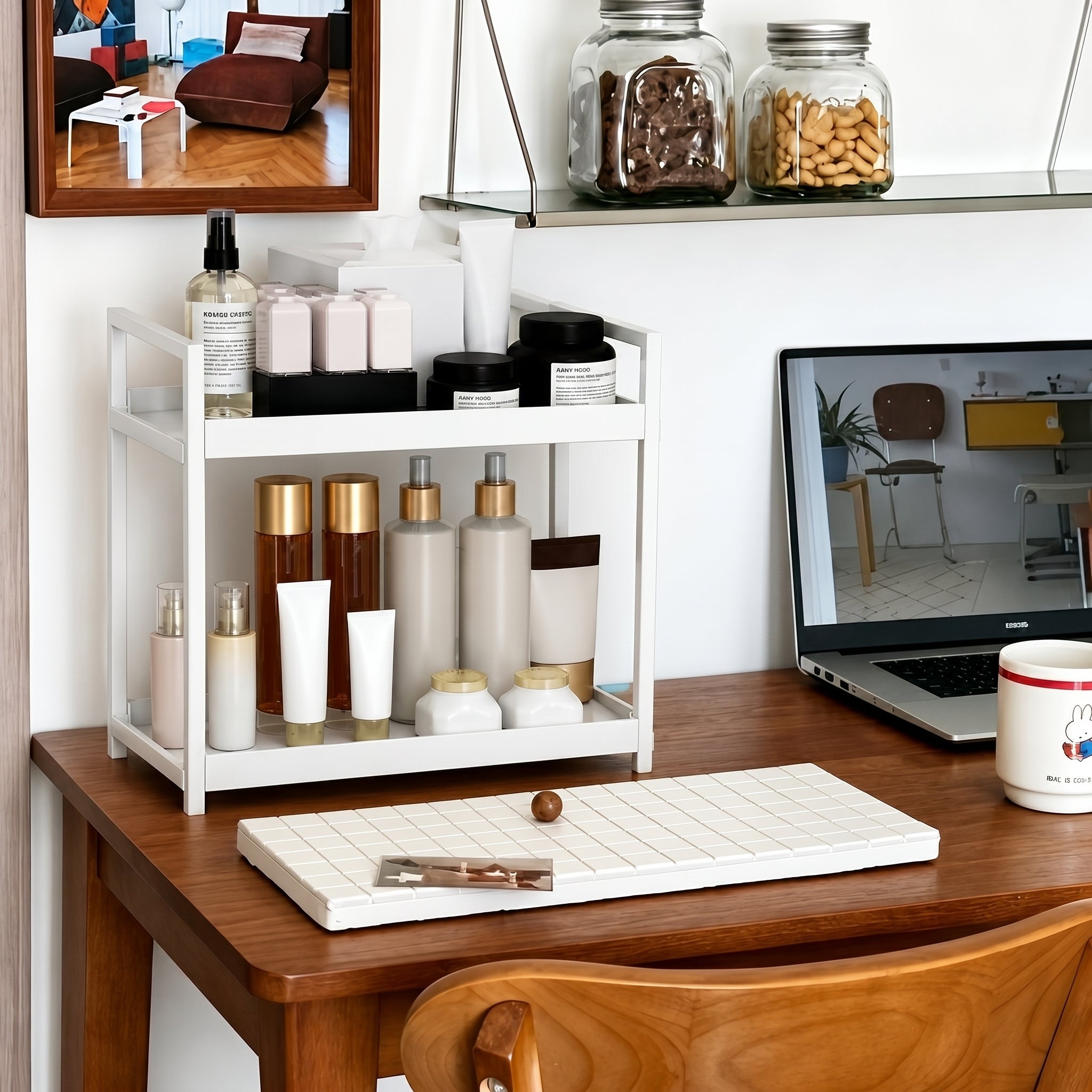 2-Tier Table Organiser with Metal Frame for Storage - Table Organiser - White - Oaksoho