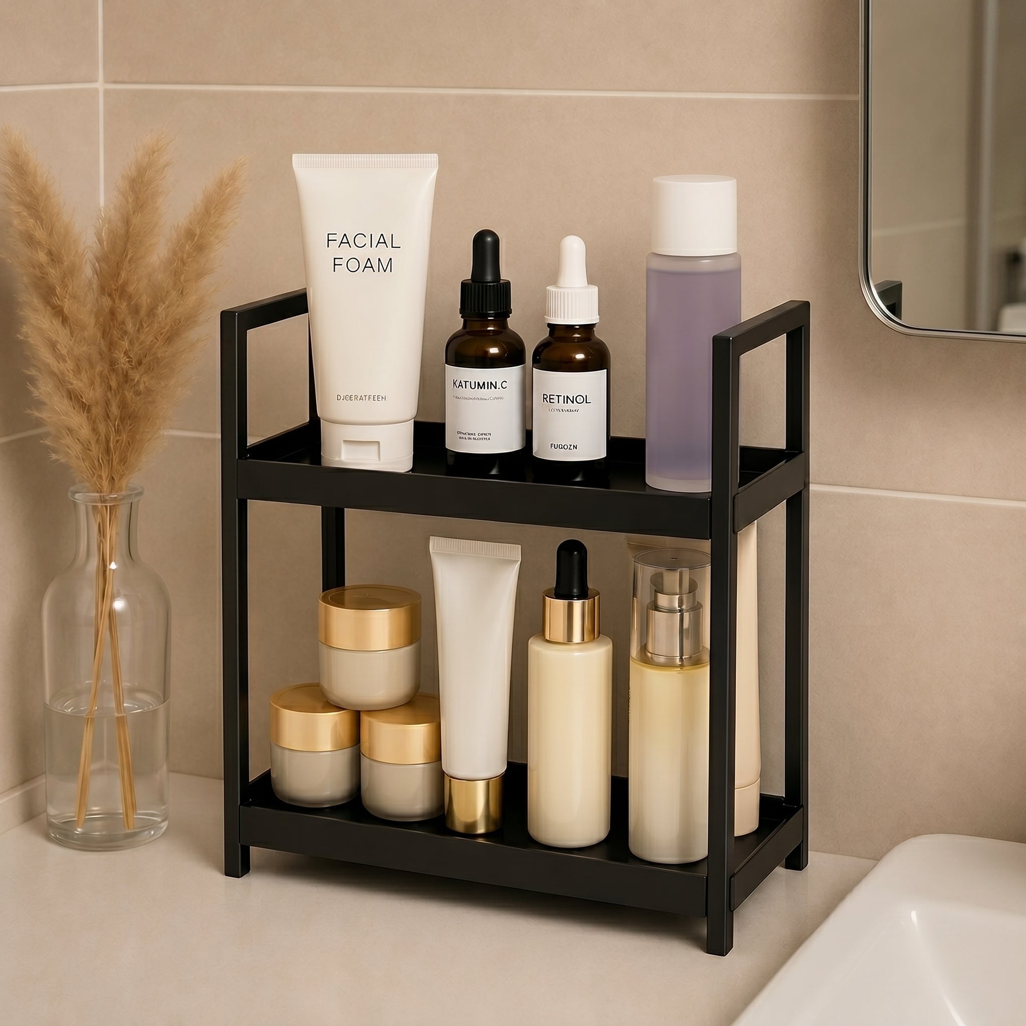 2-Tier Table Organiser with Metal Frame for Storage - Table Organiser - Black - Oaksoho