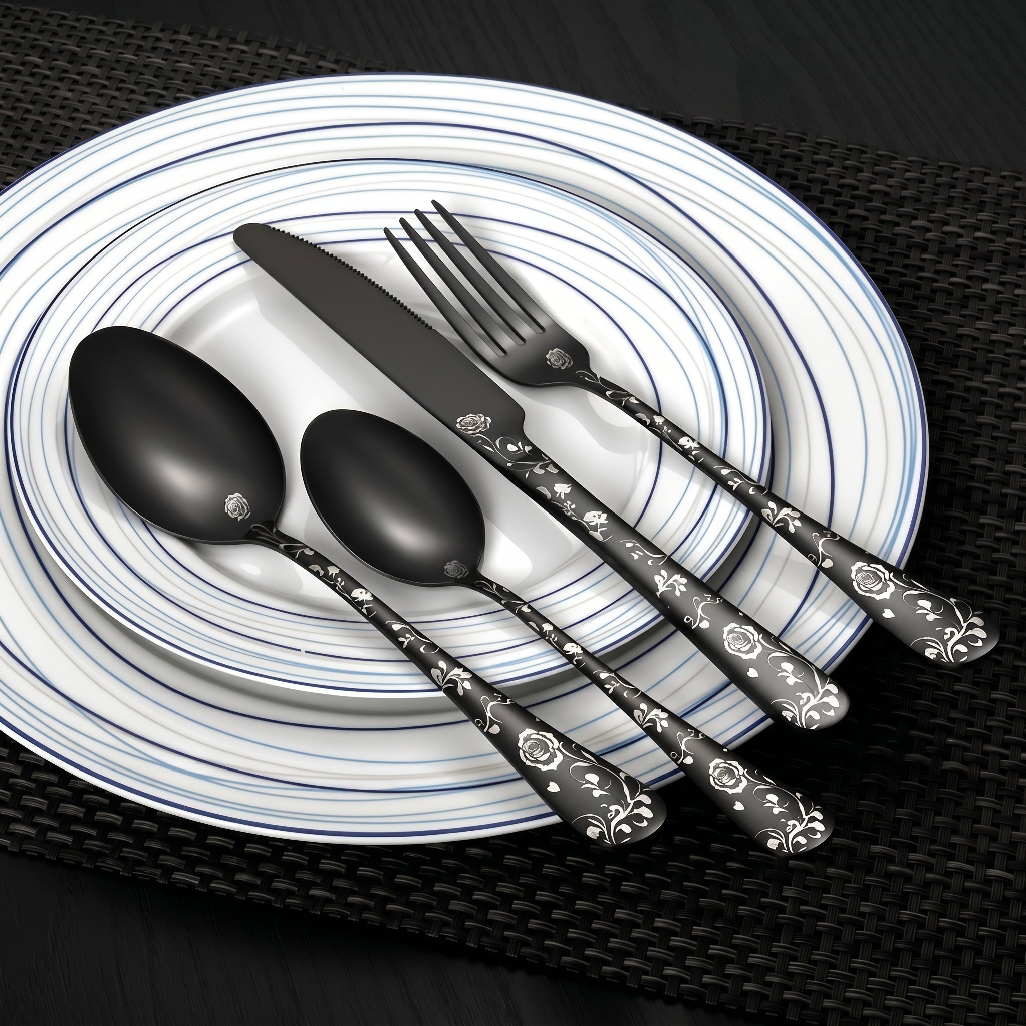 24-piece Cutlery Set with Embossed Floral Handle - Cutlery Set - Black - Oaksoho