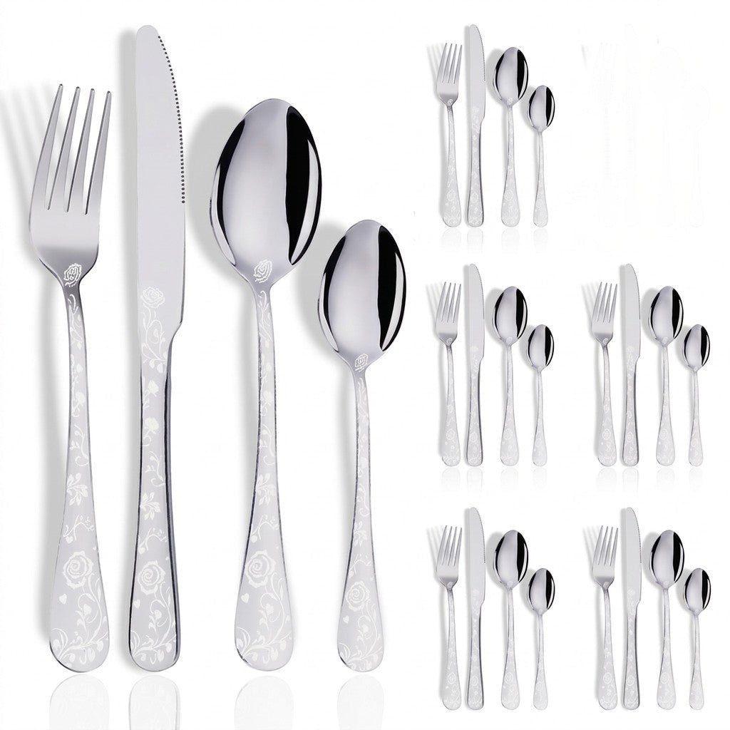 24-piece Cutlery Set with Embossed Floral Handle - Cutlery Set - Silver - Oaksoho