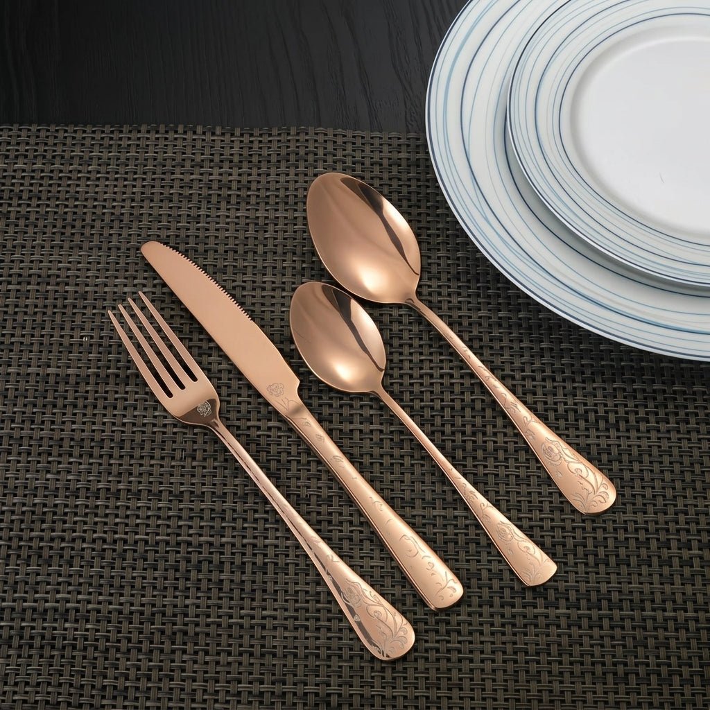 24-piece Cutlery Set with Embossed Floral Handle - Cutlery Set - Rose gold - Oaksoho