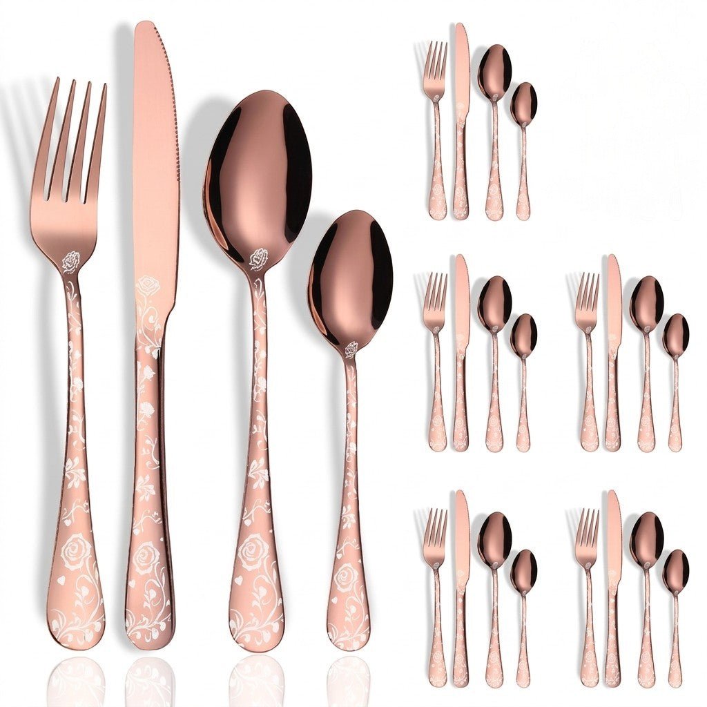 24-piece Cutlery Set with Embossed Floral Handle - Cutlery Set - Rose gold - Oaksoho