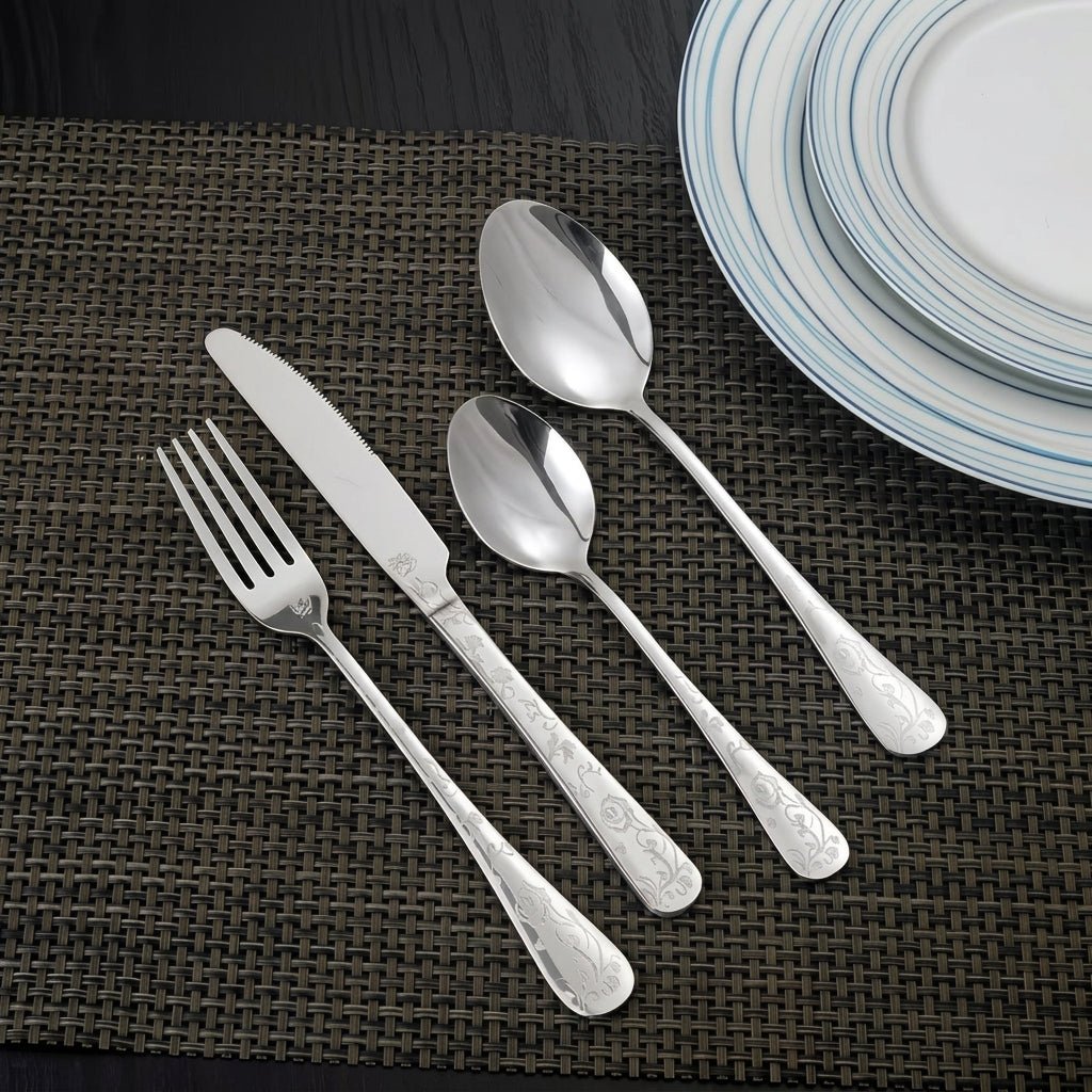 24-piece Cutlery Set with Embossed Floral Handle - Cutlery Set - Silver - Oaksoho