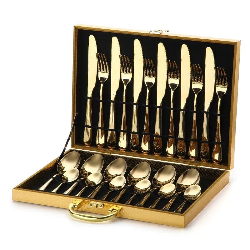 24pcs Gold stainless steel cutlery set with luxury gift box - Cutlery Set - Oaksoho