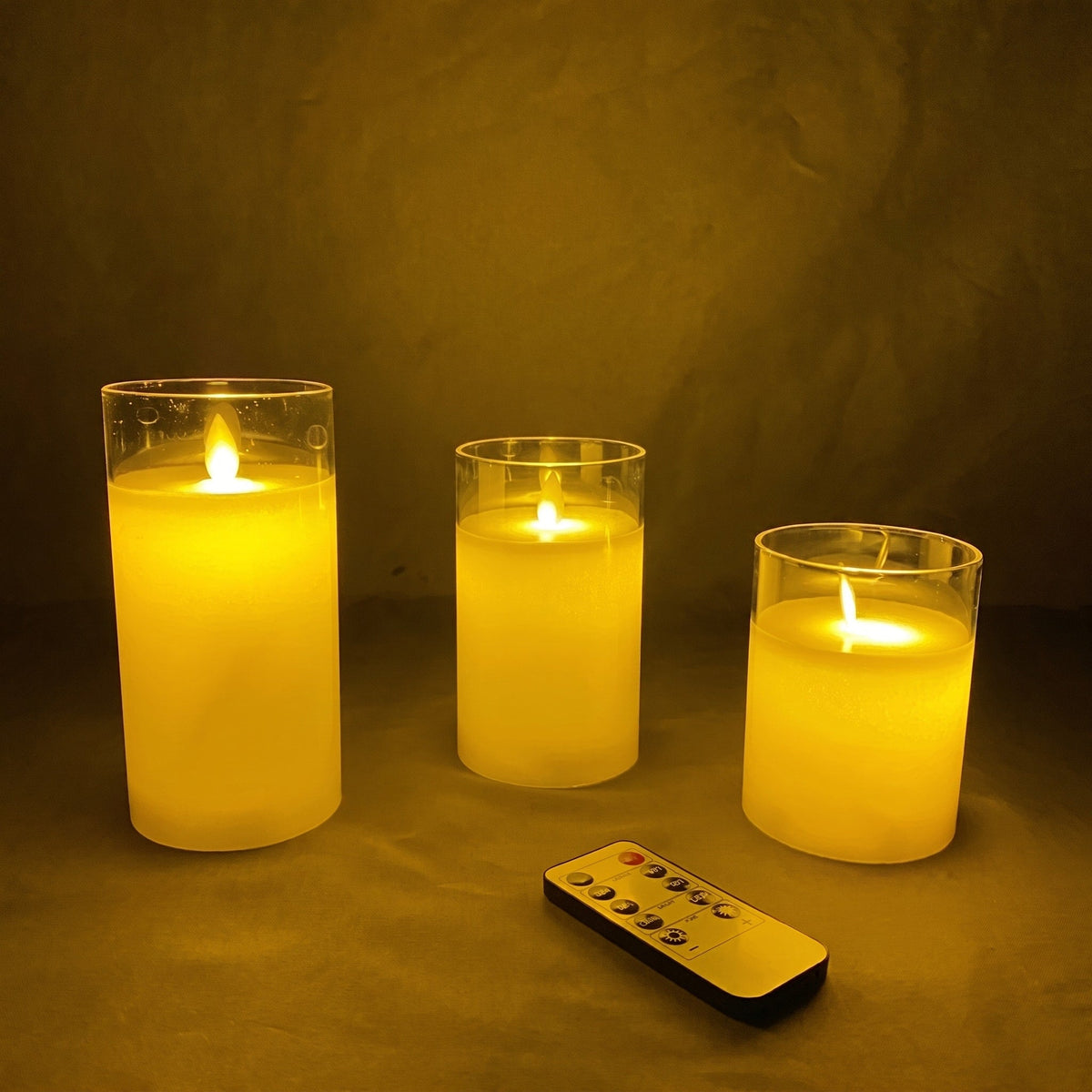 3pcs LED Pillar Candles with Glass Holders - Flameless Candles - Amber - Oaksoho
