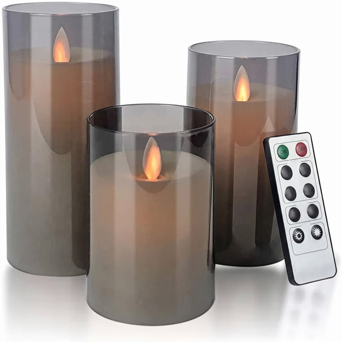3pcs LED Pillar Candles with Glass Holders - Flameless Candles - Smoke - Oaksoho