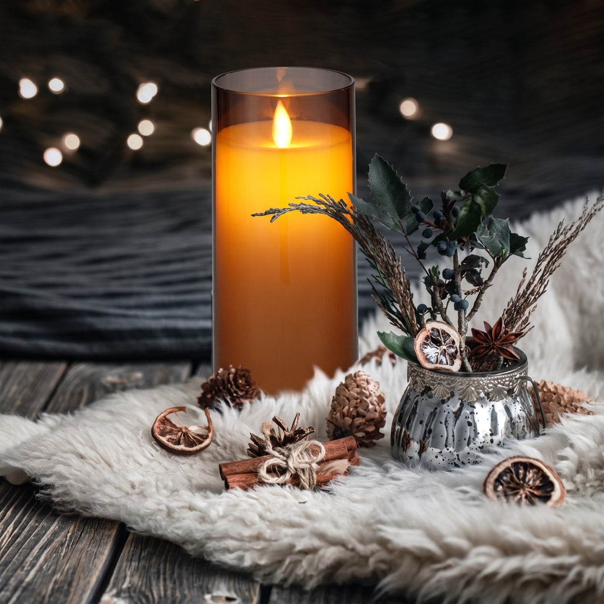 3pcs LED Pillar Candles with Glass Holders - Flameless Candles - Amber - Oaksoho