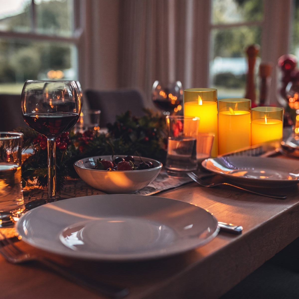 3pcs LED Pillar Candles with Glass Holders - Flameless Candles - Amber - Oaksoho