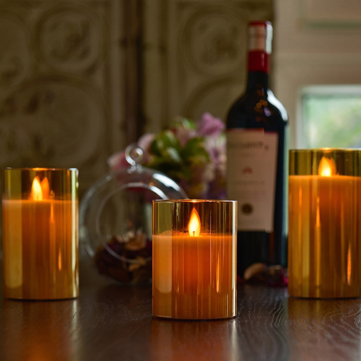 3pcs LED Pillar Candles with Glass Holders - Flameless Candles - Amber - Oaksoho