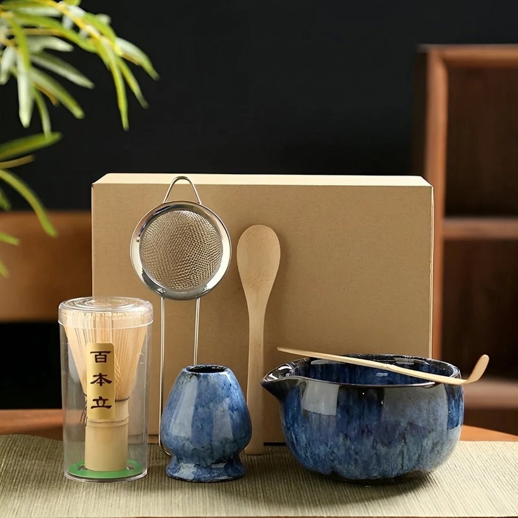 6-Piece Japanese Matcha Tea Set with Ceramic Bowl - Matcha-Set - Blue - Oaksoho
