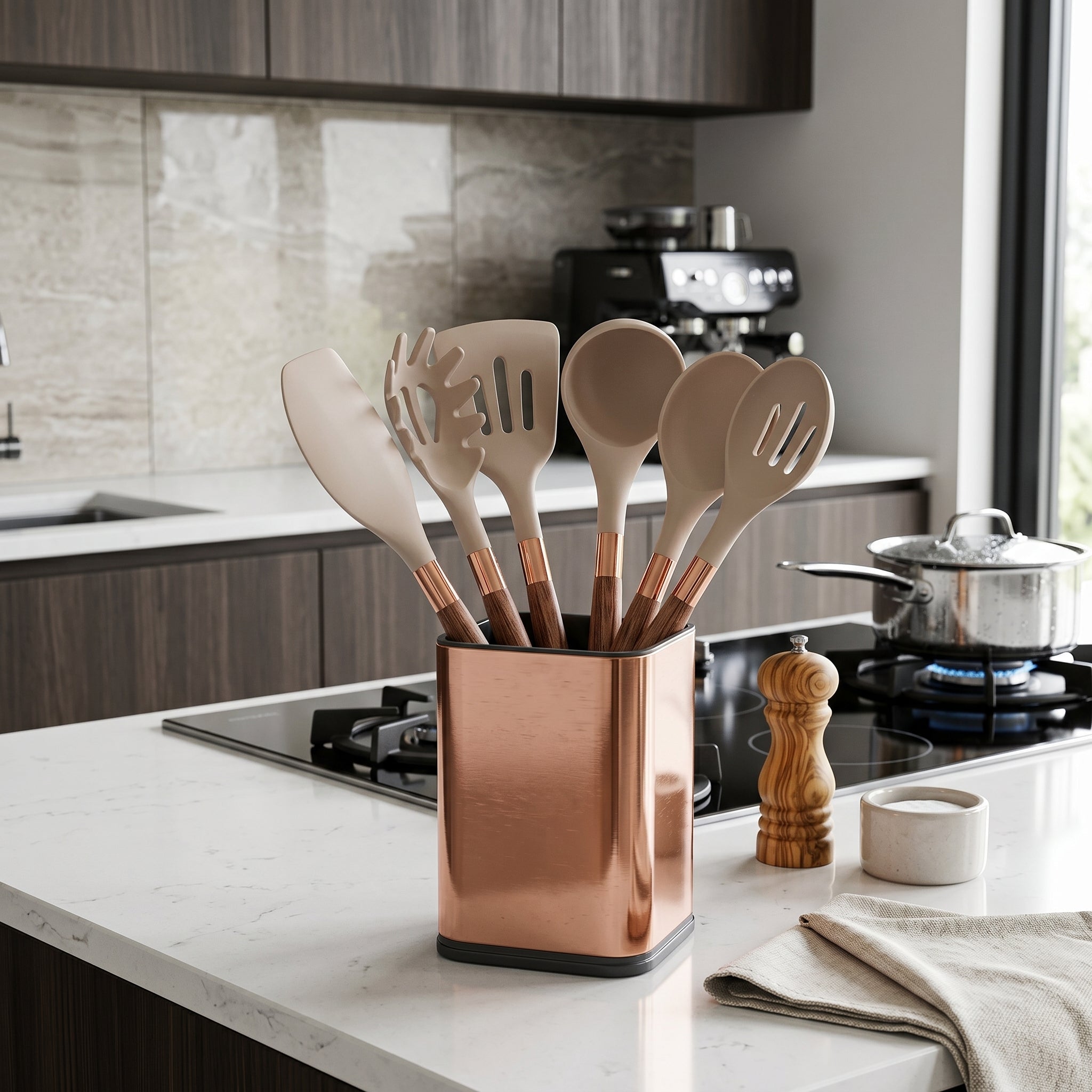7-Piece Non-Stick Kitchen Utensil Set with Storage Holder - Utencils Sets - Brown - Oaksoho