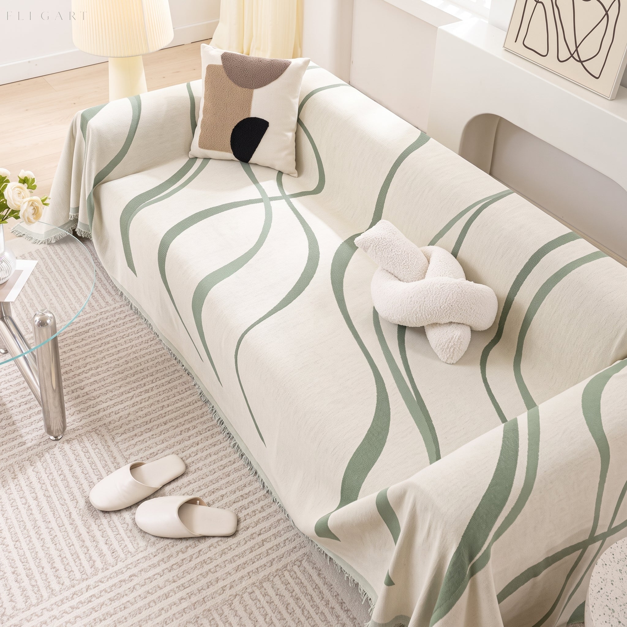 Abstract Wave Stripe Fringe Sofa Throw - Sofa Cover - Green - Oaksoho