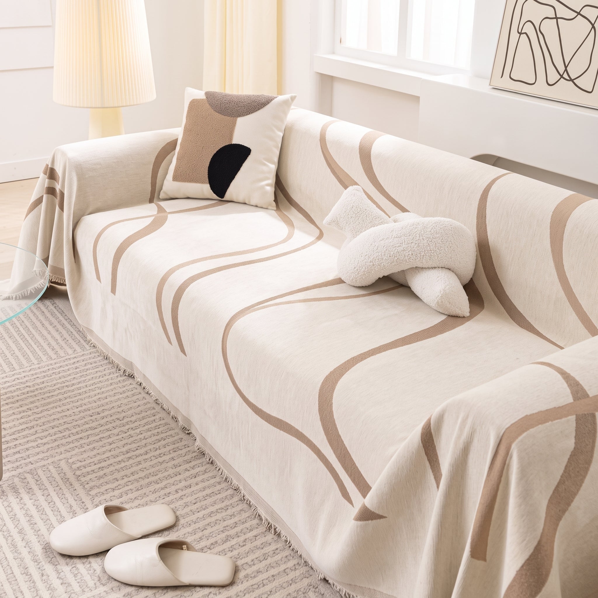 Abstract Wave Stripe Fringe Sofa Throw - Sofa Cover - Khaki - Oaksoho