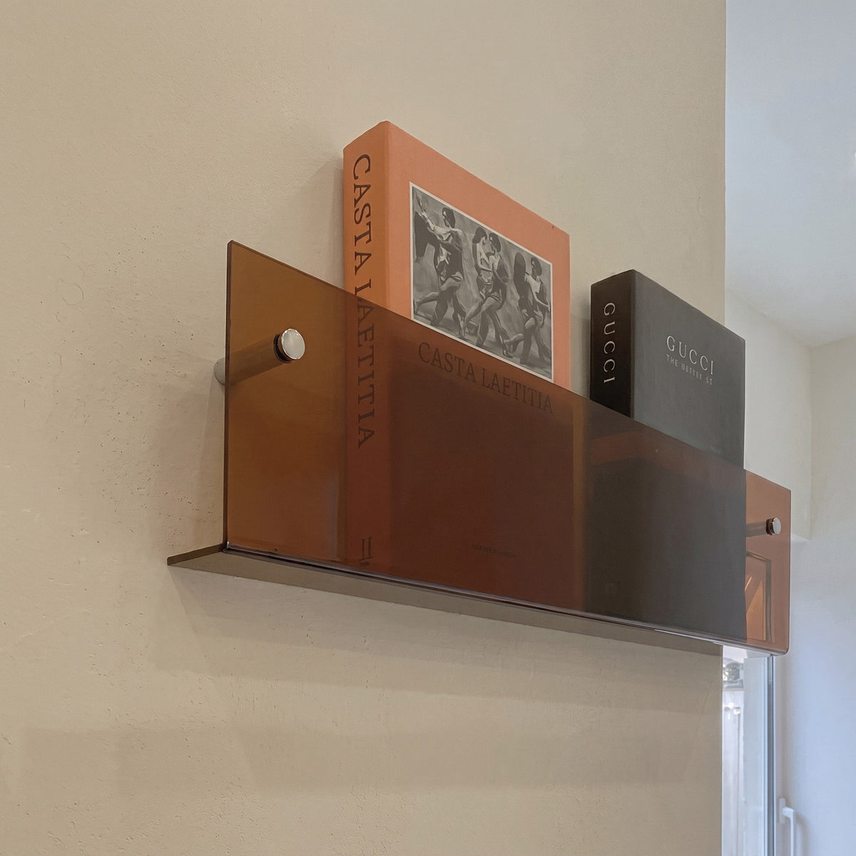 Acrylic Wall Mounted Magazine Rack for Books and Magazines - Floating Wall Shelves & Ledges - Orange - Oak Soho