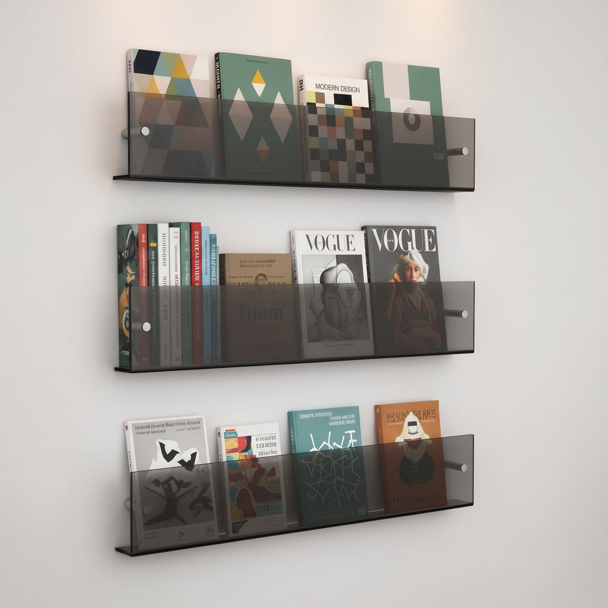 Acrylic Wall Mounted Magazine Rack for Books and Magazines - Floating Wall Shelves & Ledges - Dark Grey - Oak Soho