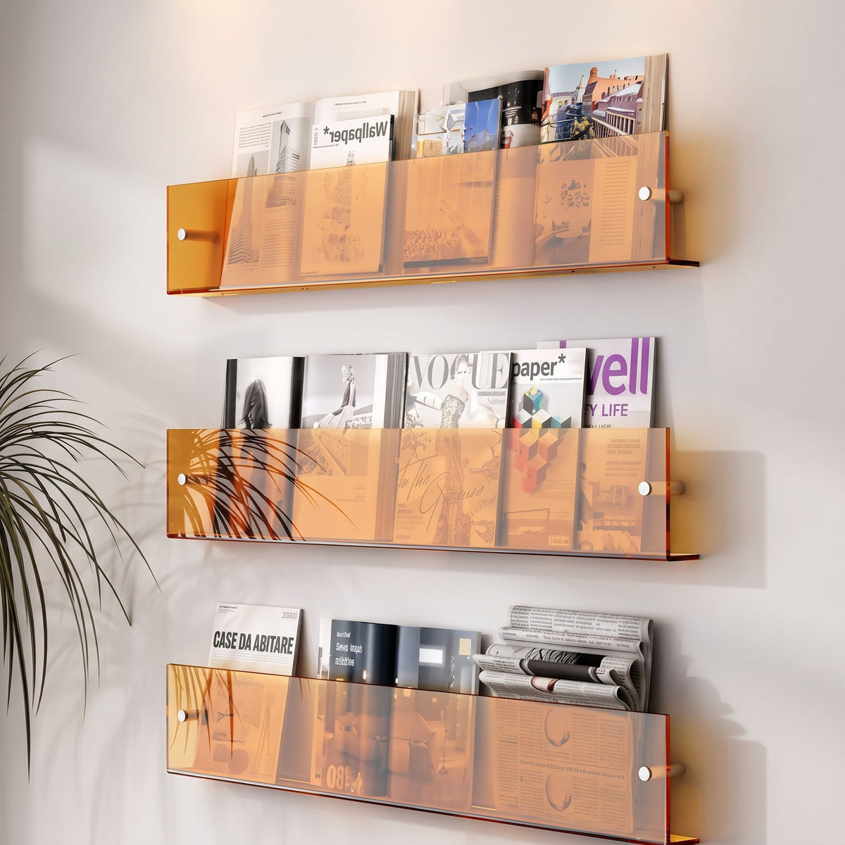 Acrylic Wall Mounted Magazine Rack for Books and Magazines - Floating Wall Shelves & Ledges - Orange - Oak Soho
