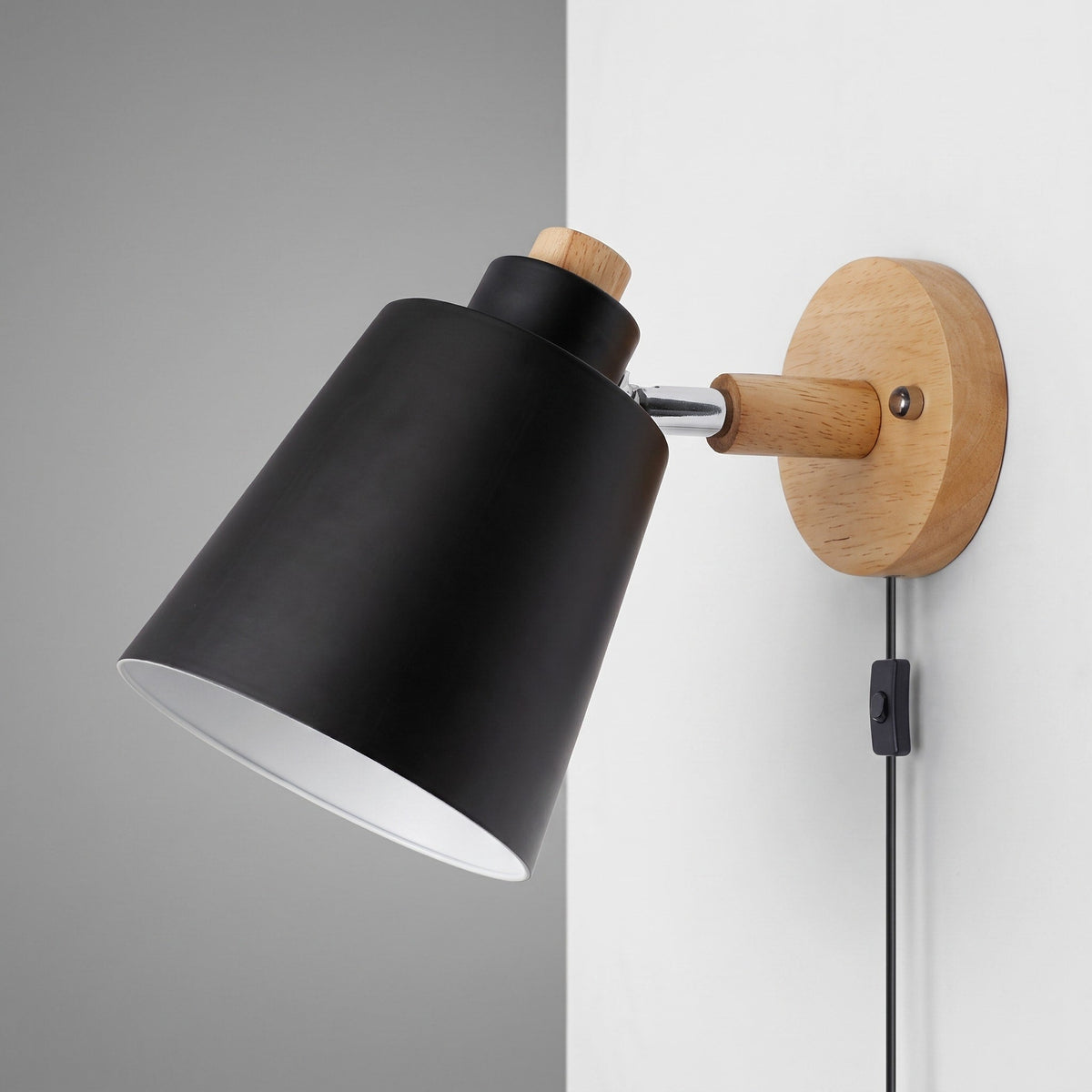 Adjustable Wooden Wall Light with Rotating Metal Shade - Wall Light Fixtures - Black - Oaksoho