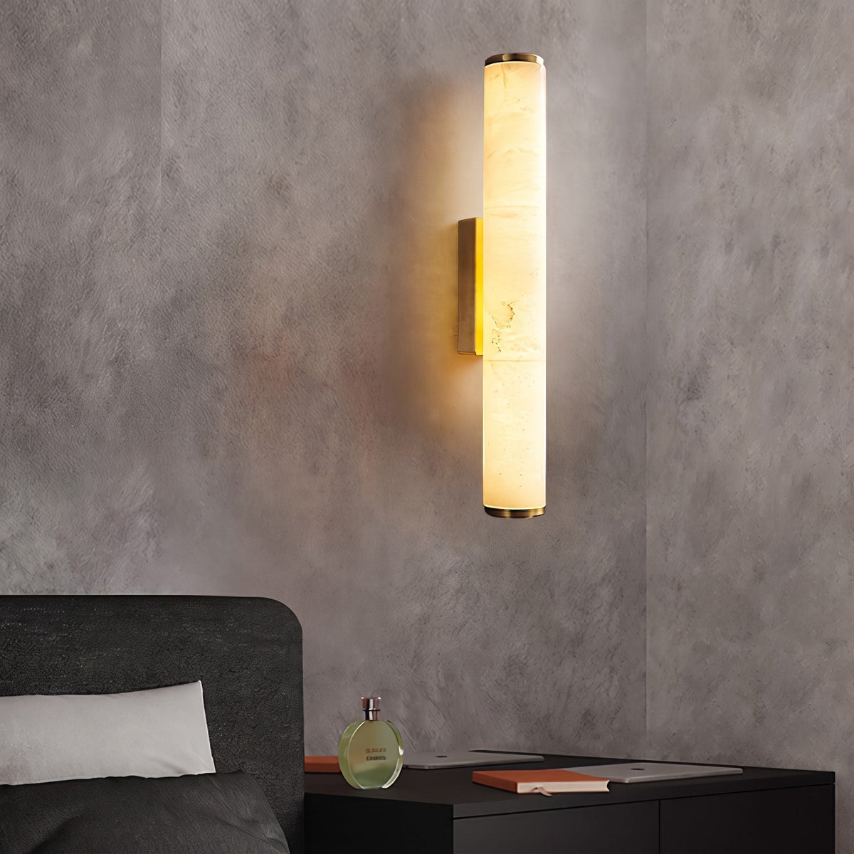 Alabaster Effect Cylinder Wall Sconce with Metal Base - Wall Light Fixtures - Gold - Oak Soho