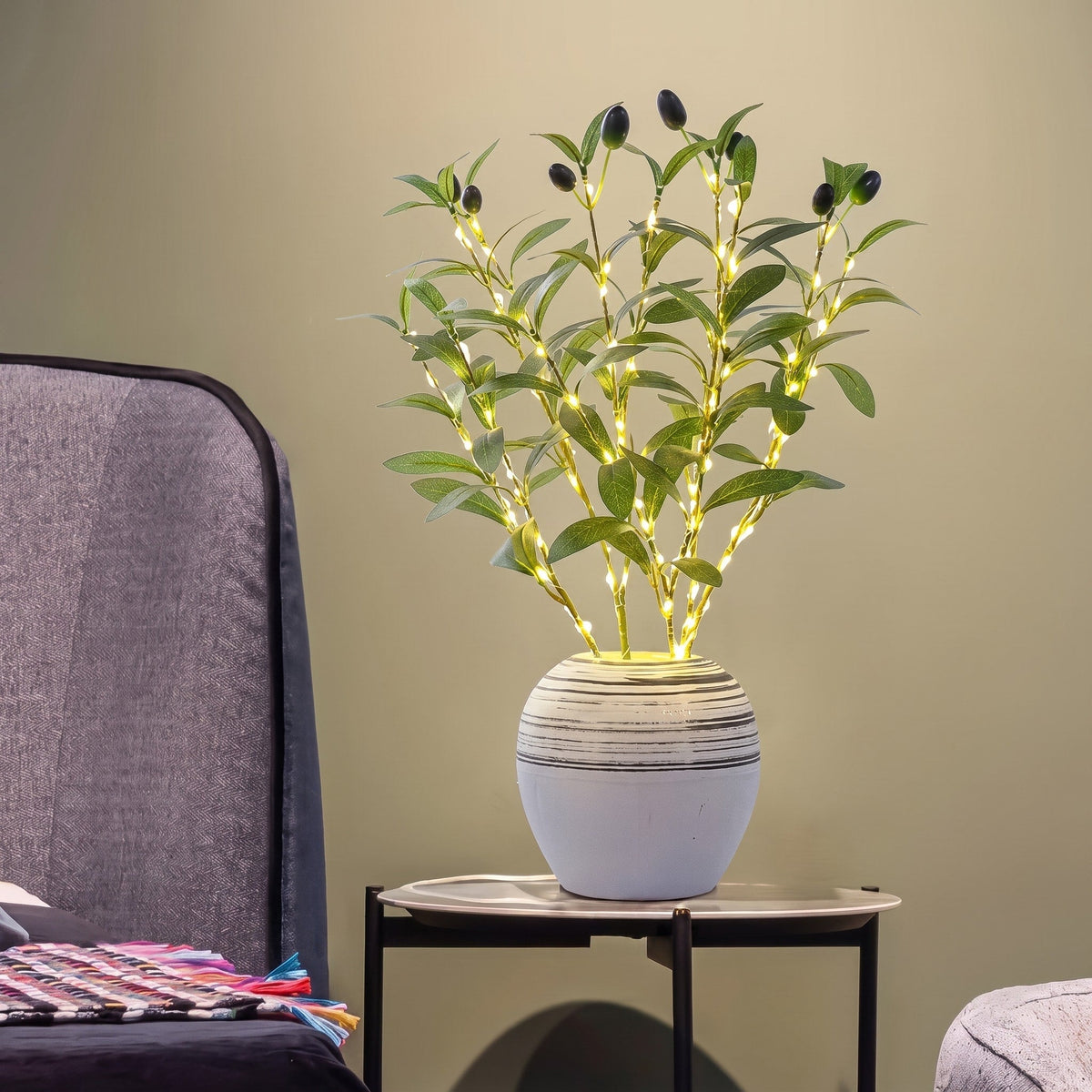 Artificial Olive Branch LED Light in Ceramic Pot - Artificial Non-Flowering Plants - Oaksoho