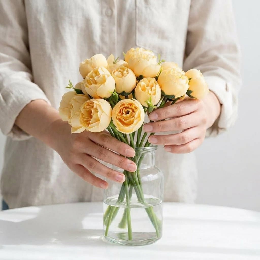 Artificial Peony Bouquet with Realistic Blooms - Artificial Plants - Yellow - Oaksoho