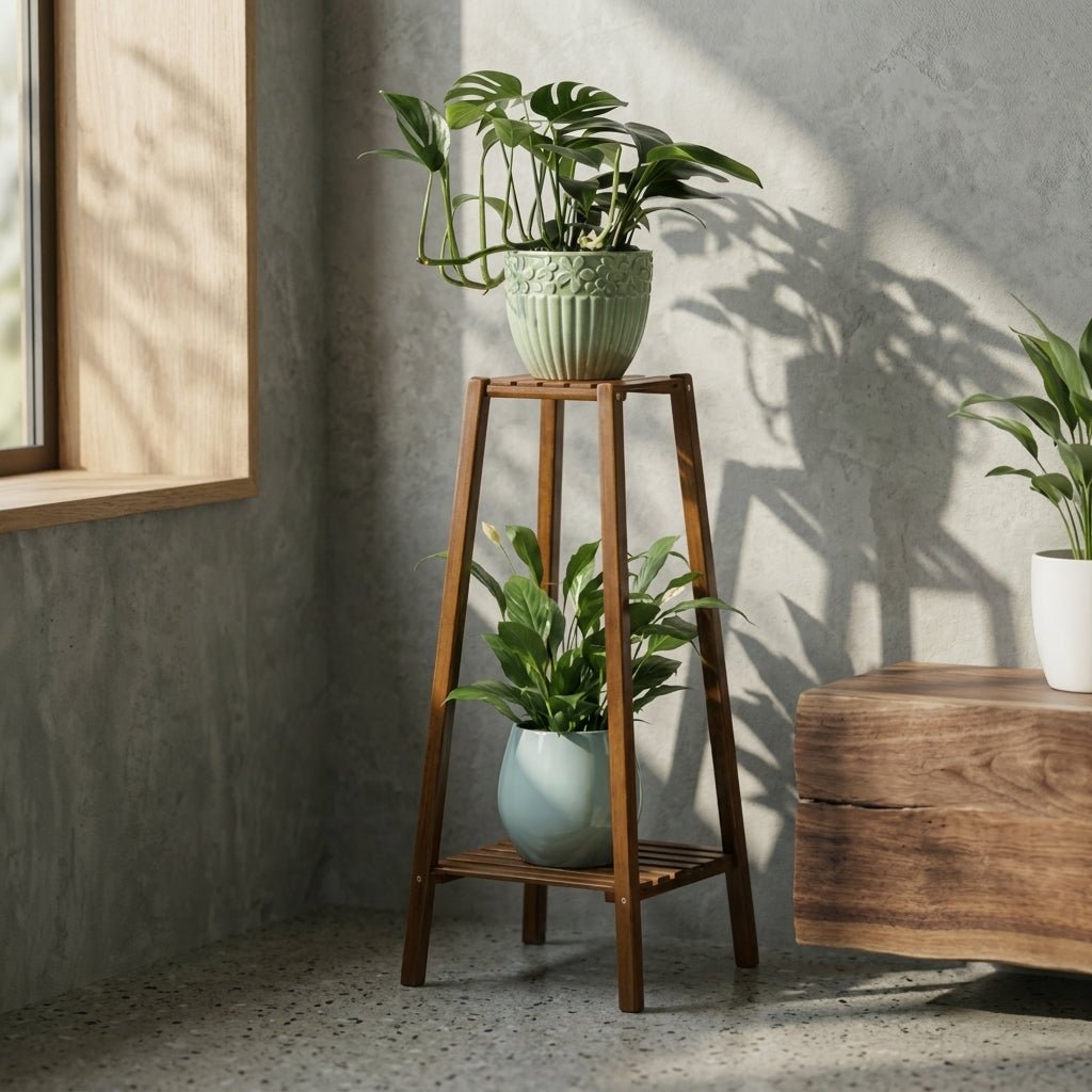 Bamboo Plant Shelf Multi - Tiered with Slatted Shelves - Plant Stand - 2 Tiers - Oaksoho
