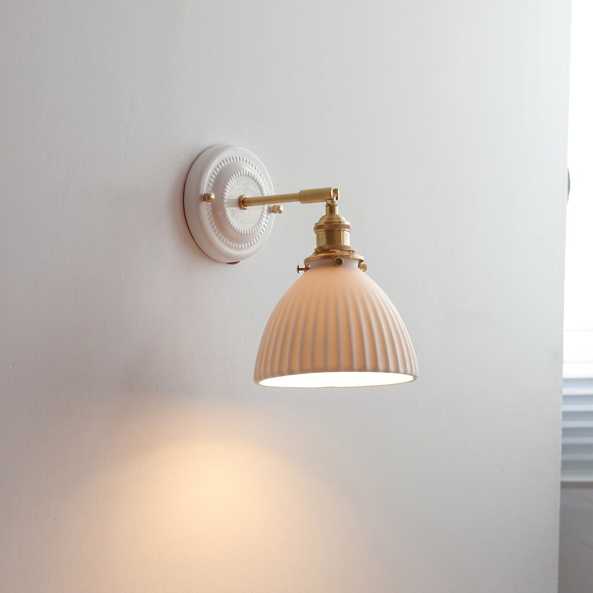 Ceramic Wall Lights with Fluted Cone Shade and Brass Arm - Wall Light Fixtures - Bell - Oak Soho