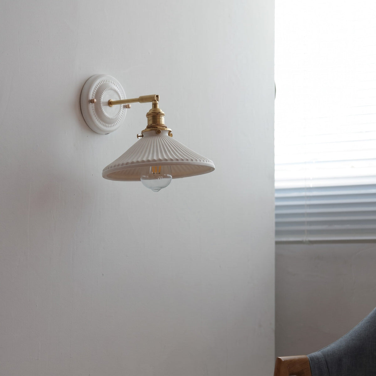 Ceramic Wall Lights with Fluted Cone Shade and Brass Arm - Wall Light Fixtures - Hat - Oak Soho