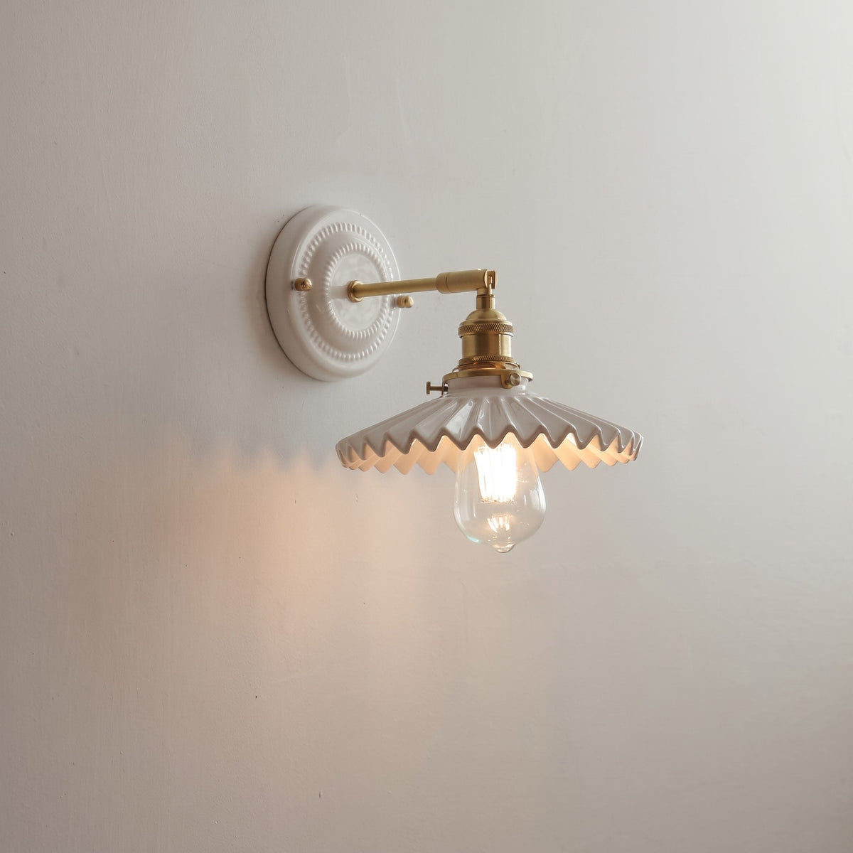 Ceramic Wall Lights with Fluted Cone Shade and Brass Arm - Wall Light Fixtures - Scallop - Oak Soho