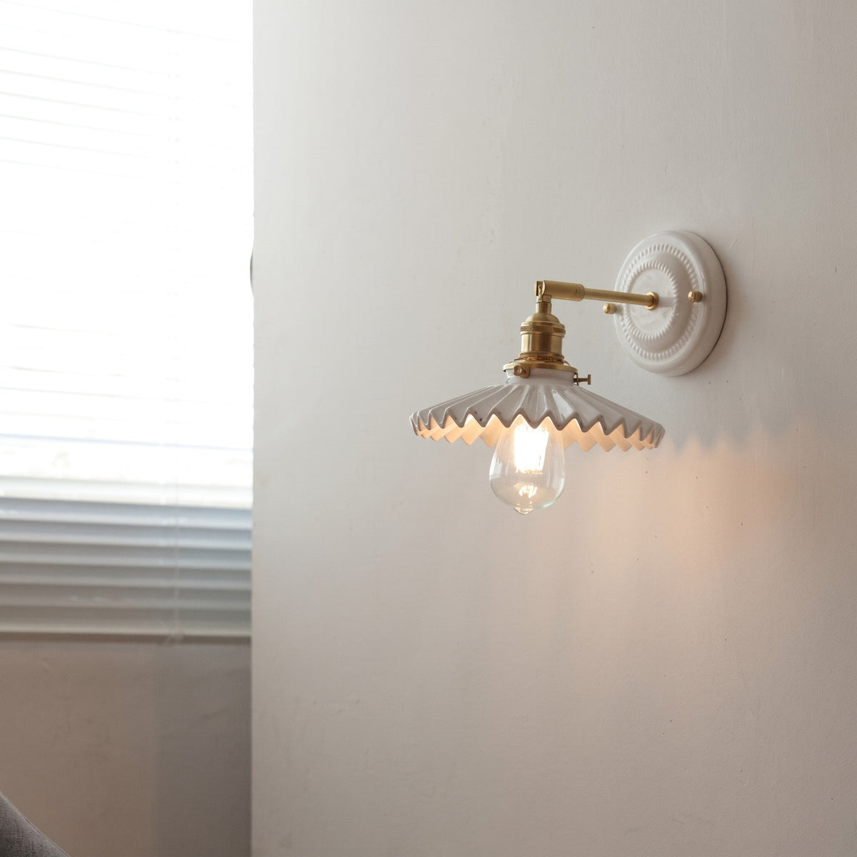 Ceramic Wall Lights with Fluted Cone Shade and Brass Arm - Wall Light Fixtures - Scallop - Oak Soho