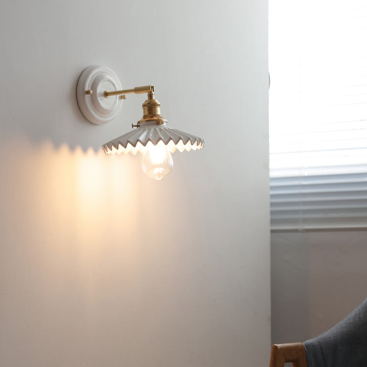 Ceramic Wall Lights with Fluted Cone Shade and Brass Arm - Wall Light Fixtures - Scallop - Oak Soho