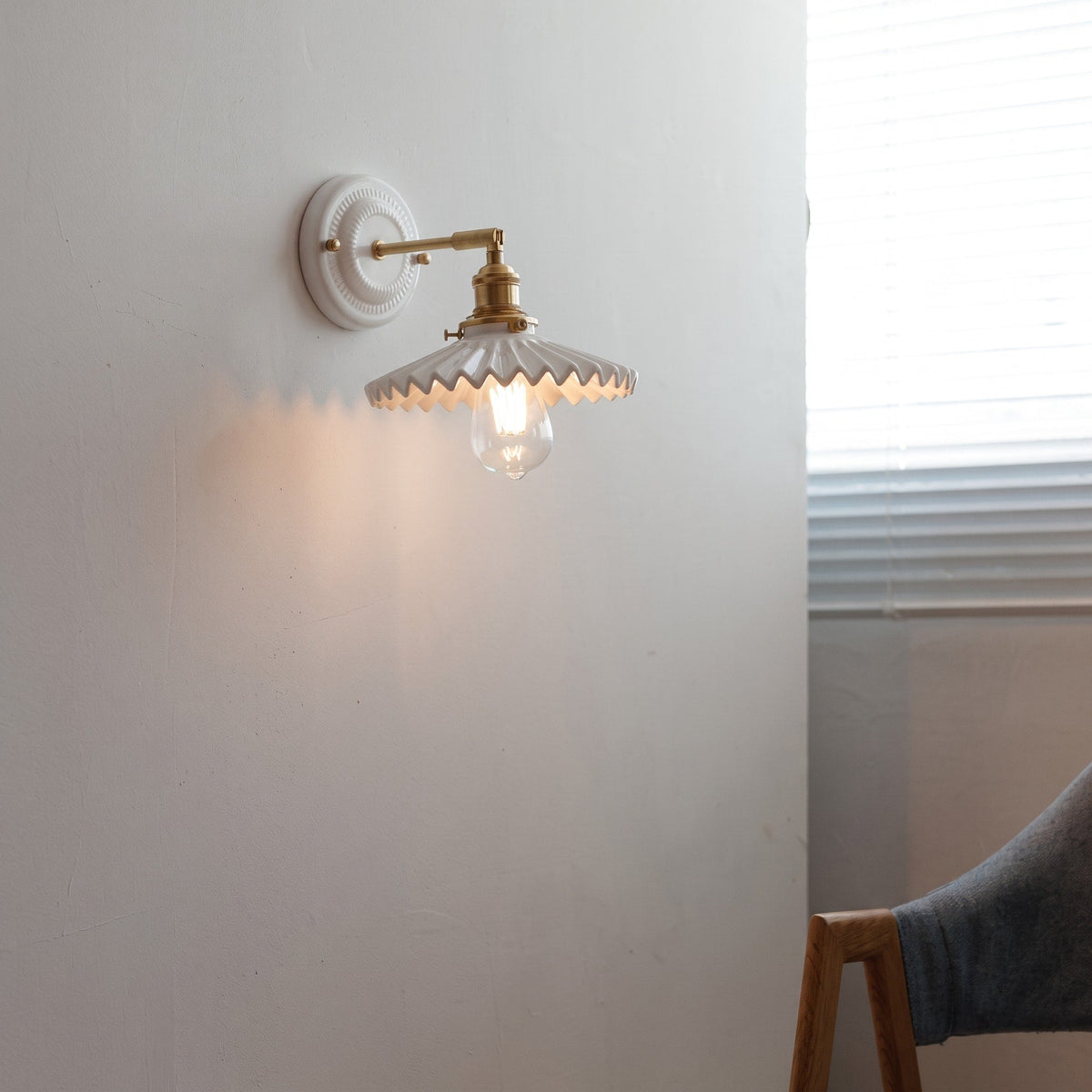 Ceramic Wall Lights with Fluted Cone Shade and Brass Arm - Wall Light Fixtures - Scallop - Oak Soho