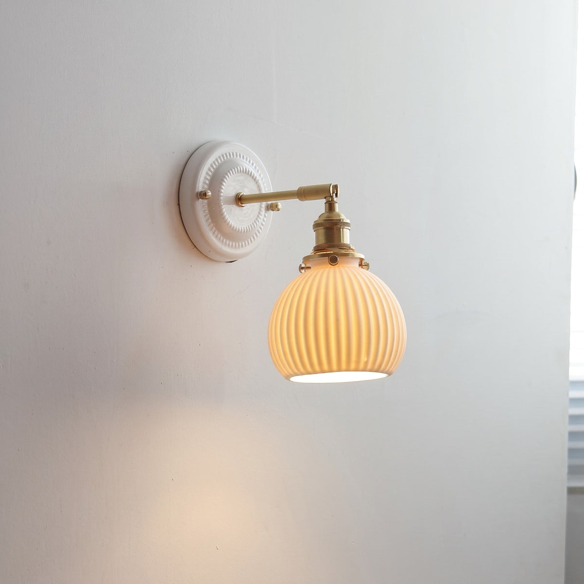 Ceramic Wall Lights with Fluted Cone Shade and Brass Arm - Wall Light Fixtures - Pumpkin - Oak Soho