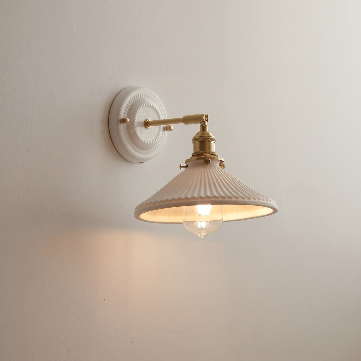 Ceramic Wall Lights with Fluted Cone Shade and Brass Arm - Wall Light Fixtures - Hat - Oak Soho