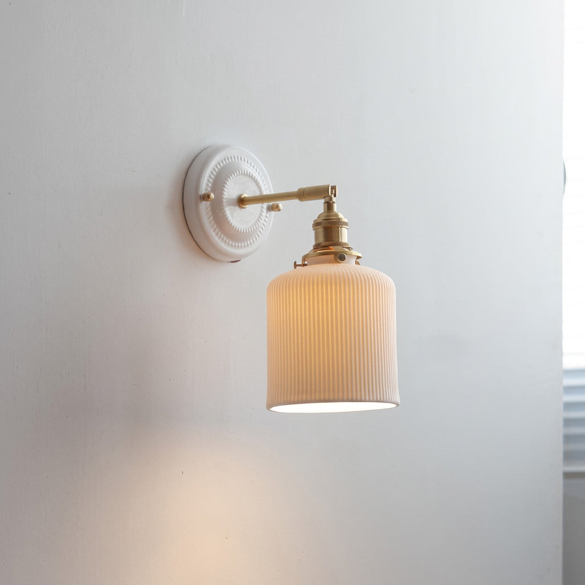 Ceramic Wall Lights with Fluted Cone Shade and Brass Arm - Wall Light Fixtures - Column - Oak Soho