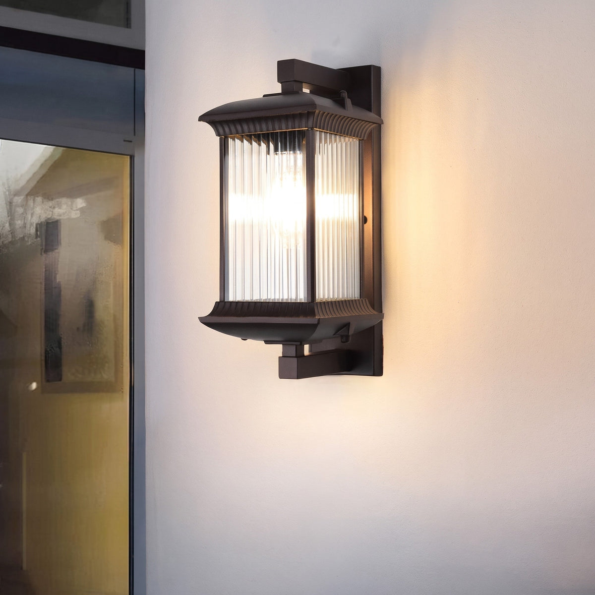 Classic Lantern Outdoor Wall Light with Ribbed Glass Shade - Wall Light Fixtures - Oak Soho