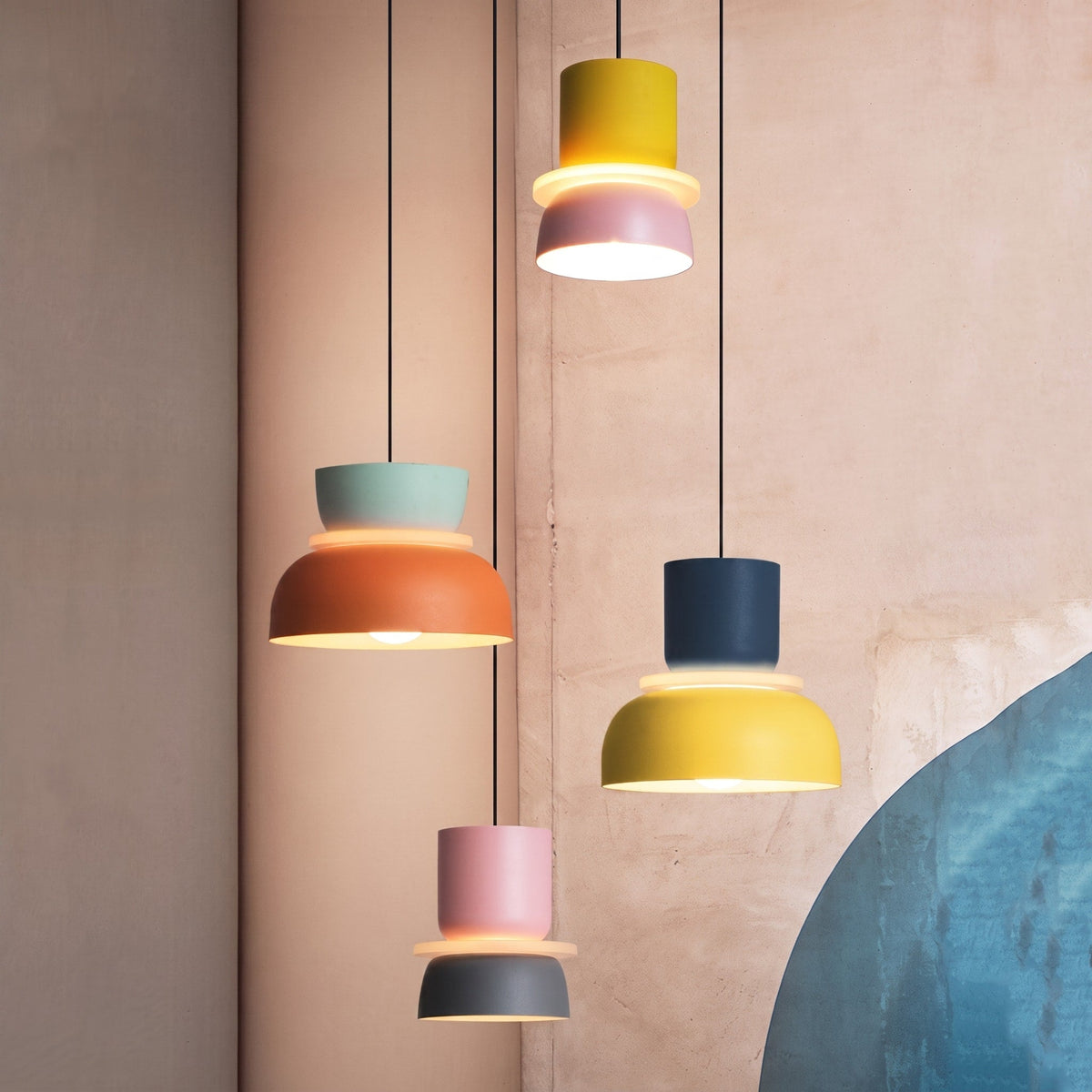 Colourful Macaron Dome Pendant Light, Modern Two-Tone Design - Pendant Light Fixtures - Blue-Yellow - Oaksoho