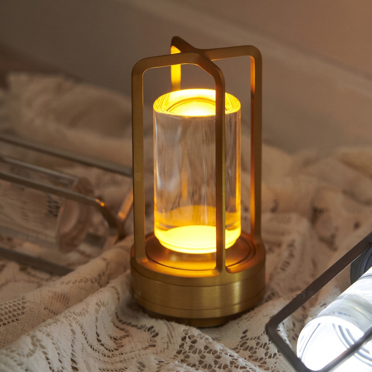 Cordless Cage Lantern Table Lamp with Touch Control - Table Lamps - Gold - Oak Soho