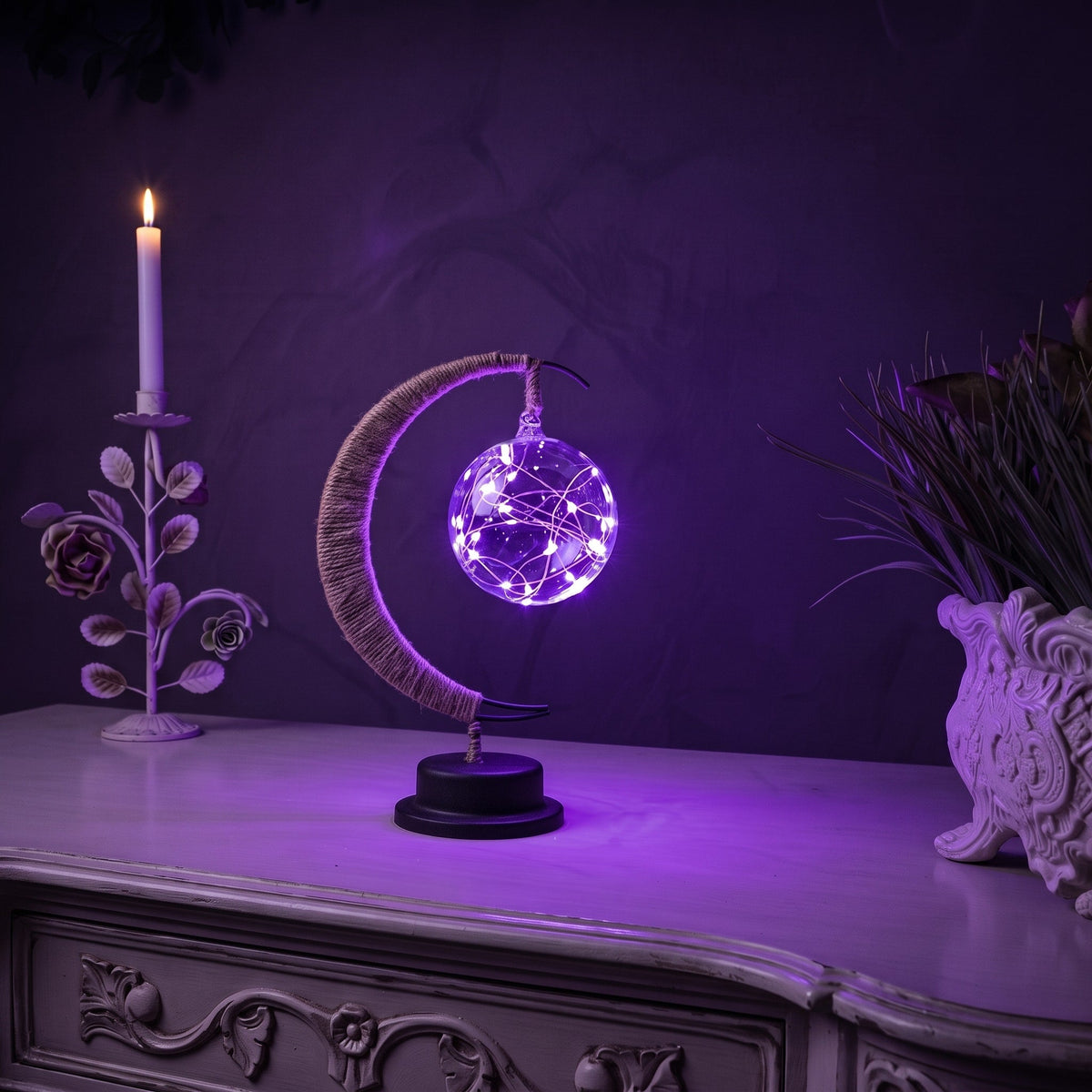 Crescent Moon Fairy Light Table Lamp - Table Lamps - Purple - Oaksoho