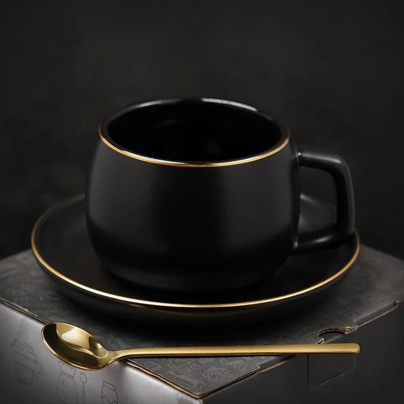 Cup and Saucer with Golden Rim - Cup and Saucer - Black - Oaksoho