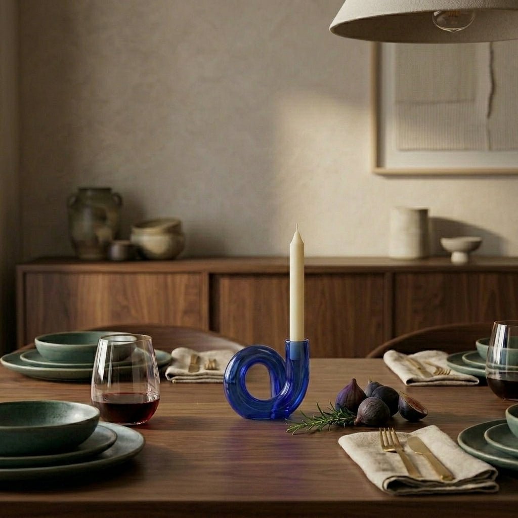 Curved Vase with Candle Holder - Vase - Blue - Oaksoho