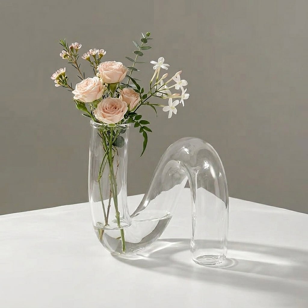 Curved Vase with Candle Holder - Vase - Transparent - Oaksoho