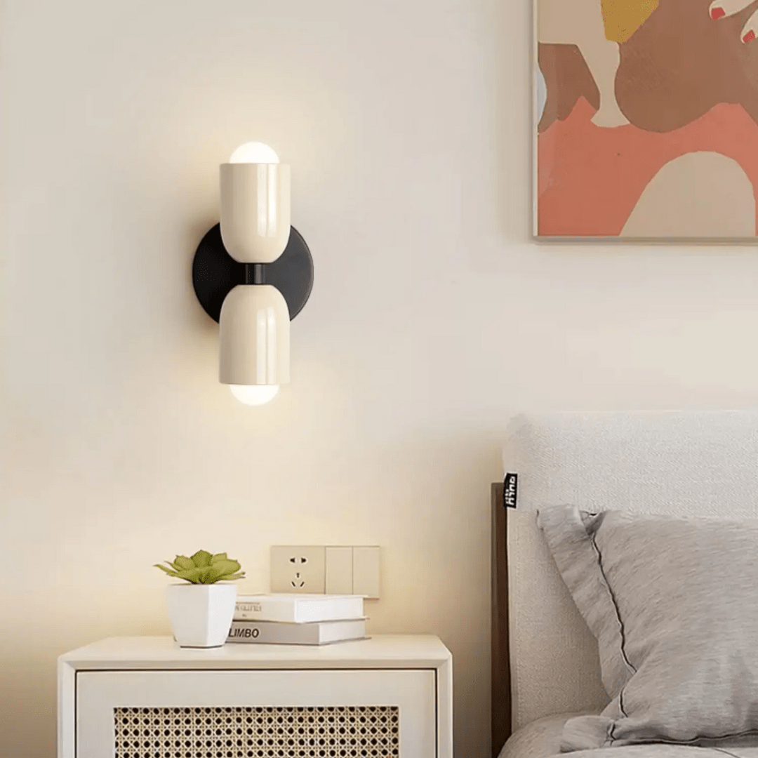 Cylinder Wall Sconce with Dual Light Heads and Round Backplate - Wall Light Fixtures - Beige - Oak Soho
