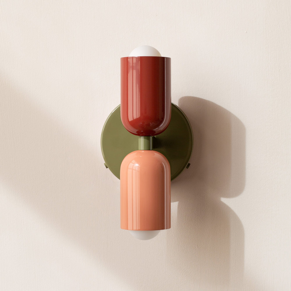 Cylinder Wall Sconce with Dual Light Heads and Round Backplate - Wall Light Fixtures - Red-Peach-Green - Oak Soho