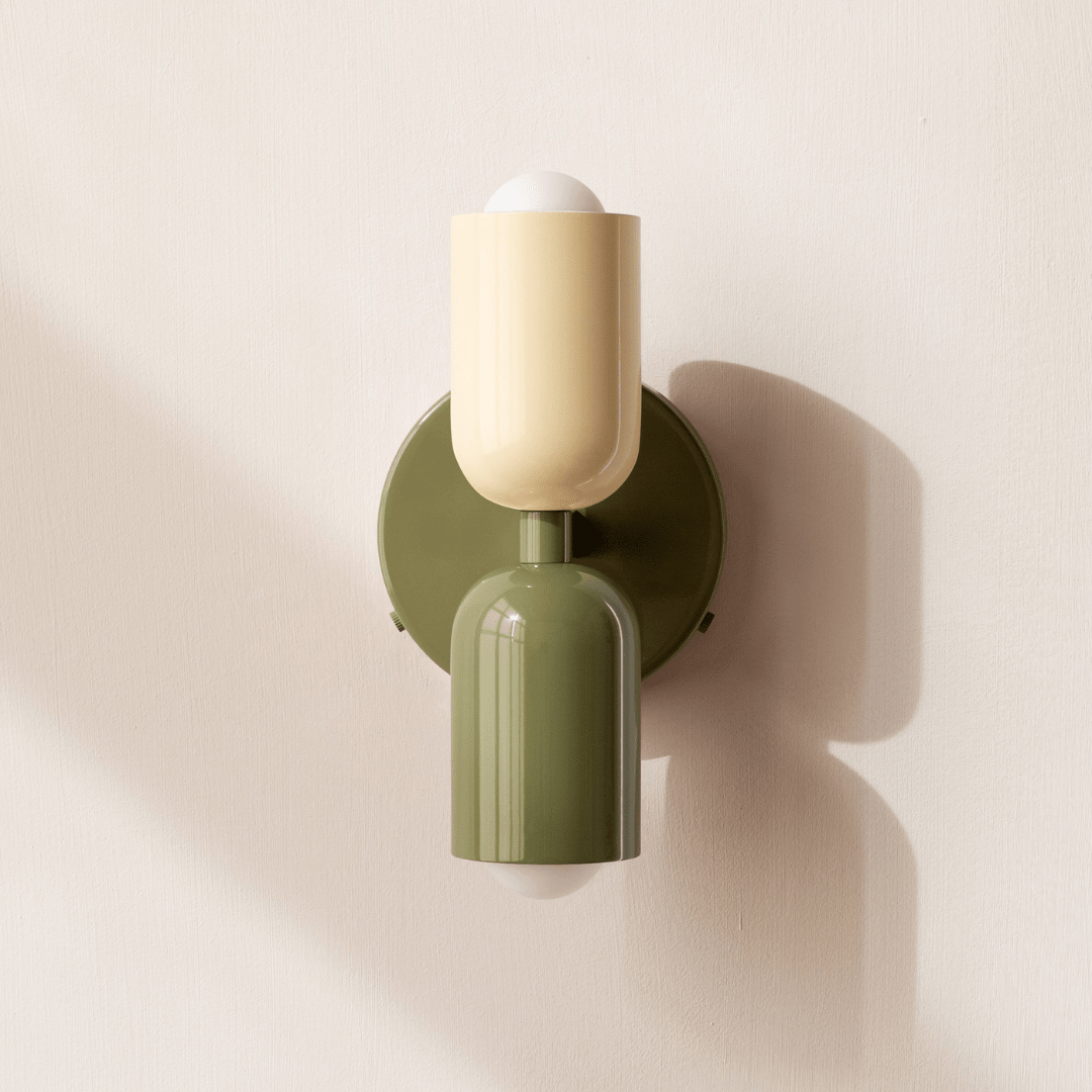 Cylinder Wall Sconce with Dual Light Heads and Round Backplate - Wall Light Fixtures - Beige-Green-Green - Oak Soho