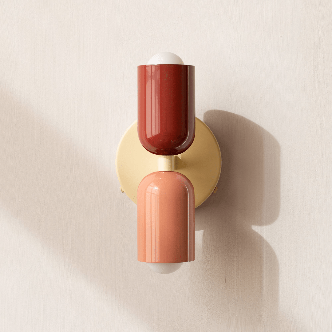 Cylinder Wall Sconce with Dual Light Heads and Round Backplate - Wall Light Fixtures - Red-Peach - Oak Soho