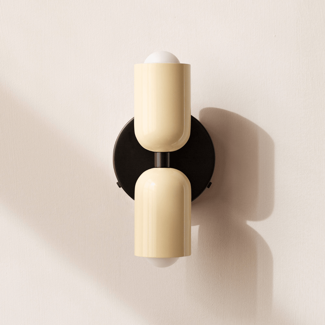 Cylinder Wall Sconce with Dual Light Heads and Round Backplate - Wall Light Fixtures - Beige - Oak Soho