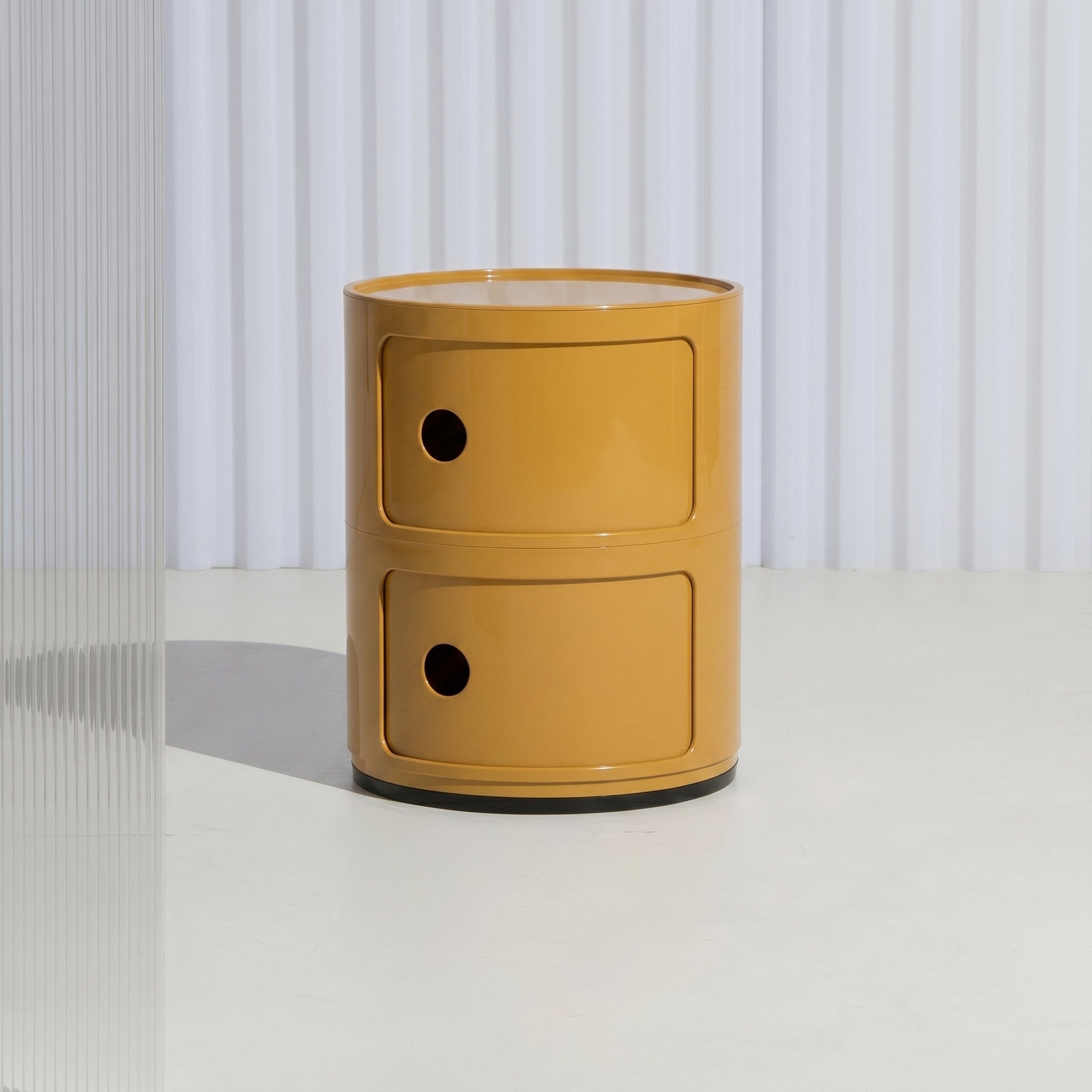 Cylindrical Nightstand with Rotating Doors and Compartments - Side Table - Yellow - Oaksoho