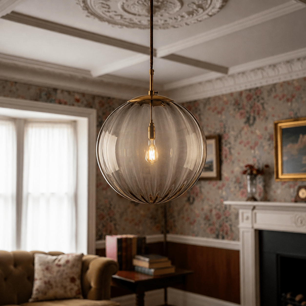 Decorative Ribbed Glass Sphere Pendant Light - Pendant Light Fixtures - Grey - Oaksoho