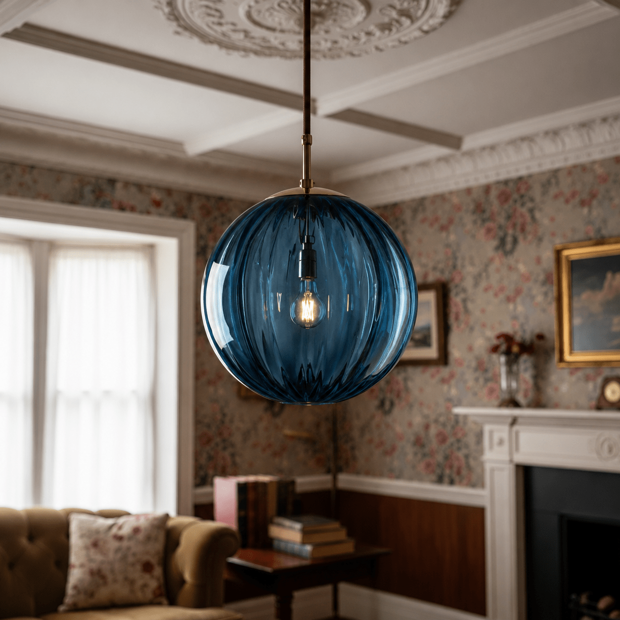 Decorative Ribbed Glass Sphere Pendant Light - Pendant Light Fixtures - Blue - Oaksoho